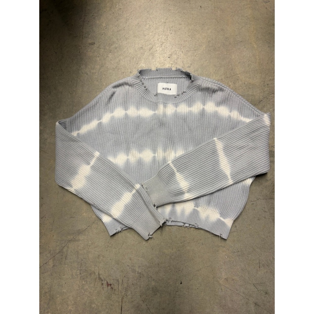 Pistola Light Blue White Tie Dye Distressed Ribbed Knit Cropped Sweater XS - Picture 3 of 3